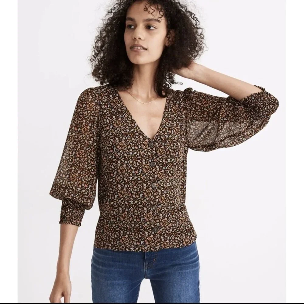 MADEWELL Georgette Smocked-Cuff Button-Front Shirt in Folktale Paisley Size 0
